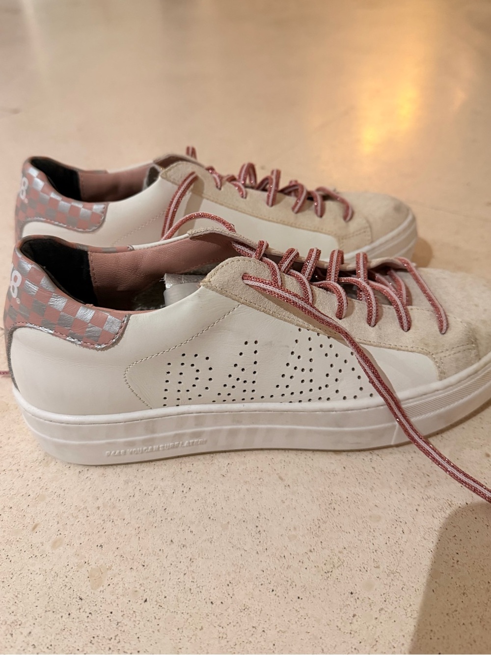 P448 Women's White and Pink Accent Perforated Leather Sneakers